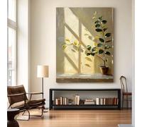 Dipinto ad olio raffigurante una pianta illuminata dal sole, opera d'arte da parete dai toni neutri, stampe su tela verde con texture, decorazione estetica per la casa (30x40 cm/cornice interna)