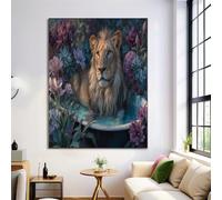 Dipinto Animali Antropomorfi Blu su Tela, Vasca Da Bagno Fiori Leone Poster Stampa su Tela, per Veranda, Corridoio, Camera da Letto, Quadri Decorazioni Murali, 50x70cm Senza Cornice