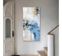Dipinto astratto blu su tela Stampe Arte bianca Arte contemporanea Dipinto astratto su tela in soggiorno Quadro 65x130cm
