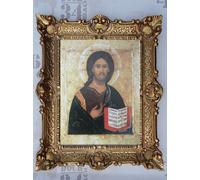 Dipinto Cristo Pantocratore Gesù Maria Icone Immagine Sacra Con Cornice 56x46 Cm
