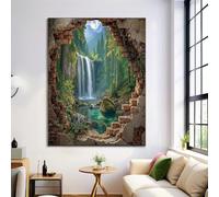 Dipinto Foreste Cascate Verde su Tela, Muri Di Mattoni Grotte Poster Stampa su Tela, per Veranda, Corridoio, Camera da Letto, Quadri Decorazioni Murali, 70x100cm Senza Cornice