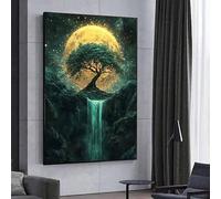 Dipinto mistico di una foresta illuminata dalla luna, grande stampa artistica su tela con paesaggio astratto e albero, per la decorazione della parete del soggiorno (50x75 cm/cornice interna)