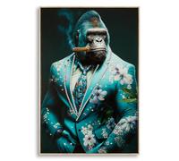 Dipinto su tela con telaio in legno e cornice dorata KONGY -A Dimensione 62x4x h 92 cm decoro raffigurante gorilla che fuma un sigaro multicolor