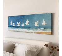 Dipinto su tela con uccelli bianchi ad acquerello, murale panoramico sulla spiaggia, stampa minimalista sulla natura, poster con stormo di uccelli da appendere al muro (60x180 cm/senza cornice)