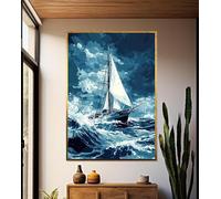 Dipinto su tela raffigurante una barca a vela, arte murale nautica, poster e stampe di barche a vela tra le onde, decorazione murale per la casa con avventure nell'oceano (70x100 cm/senza cornice)