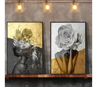 Dipinto su tela Testa di donna Fiore su tela Arte Oro Bianco Donna astratta Poster Stampe Immagini a parete per la decorazione della casa 60x90 cmx2 Senza cornice