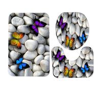 DIRBAK 3pcs Toilet Seat， Mat Set 10MM Sponge ，Butterfly Pebble Pattern Warm Absorbent Bathroom Rug Set for Home