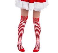 Dirfuny Calzini tubolari | Calze alte da donna colorate | Calze lunghe per feste cosplay, calze a righe al ginocchio a righe, Strisce rosse e bianche + palla per capelli con nodo rosso, 1