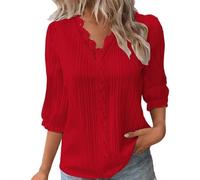 Dirndl Camicetta a maniche lunghe, con scollo in pizzo, elegante, alla moda, tinta unita, elegante, a 3/4, con maniche lunghe, taglie forti, Colore: rosso, 5XL