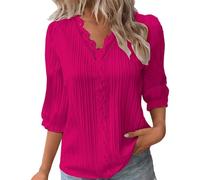 Dirndl Camicetta a maniche lunghe, con scollo in pizzo, elegante, alla moda, tinta unita, elegante, a 3/4, con maniche lunghe, taglie forti, rosa intenso, 5XL