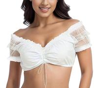 Dirndl Camicetta da donna con scollo a V, colore bianco e nero, con maniche a sbuffo, grandi dimensioni, con coulisse, elegante top in rete, per Oktoberfest