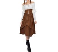Dirndl - Set da donna in due pezzi, abito abbottonato con camicetta senza spalline, decorazione medievale, marrone, M