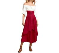 Dirndl - Set da donna in due pezzi, abito abbottonato con camicetta senza spalline, decorazione medievale, Colore: rosso, L