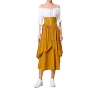 Dirndl - Set da donna in due pezzi, abito abbottonato con camicetta senza spalline, decorazione medievale, giallo., XXL