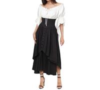 Dirndl - Set da donna in due pezzi, abito abbottonato con camicetta senza spalline, decorazione medievale, Nero , XXL