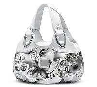 DIRRONA Moda Borse da Donna Borsa a Tracolla Casual Vacanza Signora Totalizzatore Viaggio Borsa da Spiaggia Impermeabile PU Pelle Borse a Mano Fiore, Bianco + grigio, L, Borsa