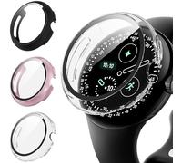 Diruite 3 Pezzi Custodia per Google Pixel Watch 4 45mm,Ultra Sottile HD Vetro Temperato Resistente Graffi PC Protezione Cover,Nero&Rosa&Trasparente,45mm
