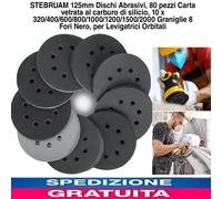 STEBRUAM 125mm Dischi Abrasivi, 80 pezzi Carta vetrata al carburo di silicio, 10 x 320/400/600/800/1000/1200/1500/2000 Graniglie 8 Fori Nero, per Levigatrici Orbitali