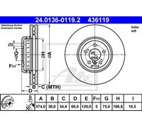Disco freno ATE 24.0136-0119.2 anteriore, ventilato, altamente carbonizzato, 1 Pezzo