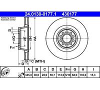 Disco freno ATE 24.0130-0177.1 anteriore, ventilato, altamente carbonizzato, 1 Pezzo