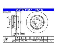 Disco freno ATE 24.0109-0186.1 posteriore, pieno, 1 Pezzo