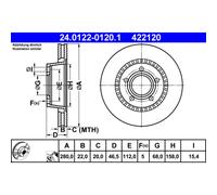 Disco freno ATE 24.0122-0120.1 anteriore, ventilato, altamente carbonizzato, 1 pezzo