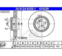 Disco freno ATE 24.0124-0259.1 anteriore, ventilato, altamente carbonizzato, 1 Pezzo