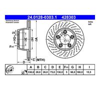 Disco freno ATE 24.0128-0303.1 posteriore, ventilato, altamente carbonizzato, 1 Pezzo