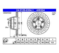 Disco freno ATE 24.0128-0304.1 posteriore, ventilato, altamente carbonizzato, 1 Pezzo