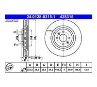 Disco freno ATE 24.0128-0315.1 anteriore, ventilato, altamente carbonizzato, 1 Pezzo