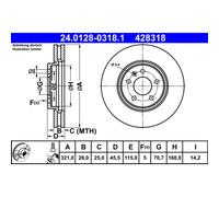 Disco freno ATE 24.0128-0318.1 anteriore, ventilato, altamente carbonizzato, 1 Pezzo