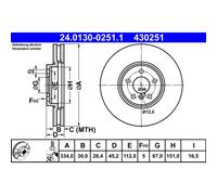 Disco freno ATE 24.0130-0251.1 anteriore, ventilato, altamente carbonizzato, 1 Pezzo