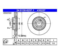 Disco freno ATE 24.0130-0257.1 anteriore, ventilato, altamente carbonizzato, 1 Pezzo