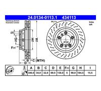 Disco freno ATE 24.0134-0113.1 anteriore, ventilato, altamente carbonizzato, 1 Pezzo