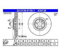 Disco freno ATE 24.0136-0130.1 anteriore, ventilato, altamente carbonizzato, 1 Pezzo