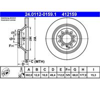 ATE disco freno 24.0112-0159.1 pieno diametro 302 spessore 12 mm 5 fori