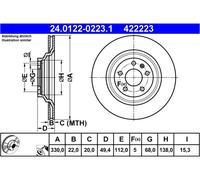 Disco freno ATE 24.0122-0223.1 posteriore, ventilato, altamente carbonizzato, 1 Pezzo