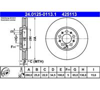 ATE disco freno 24.0125-0113.1 ventilato diametro 288 spessore 25 mm 5 fori