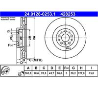 Disco freno ATE 24.0128-0253.1 anteriore, ventilato, altamente carbonizzato, 1 Pezzo