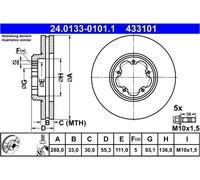 Disco freno ATE 24.0133-0101.1 anteriore, ventilato, altamente carbonizzato, 1 Pezzo