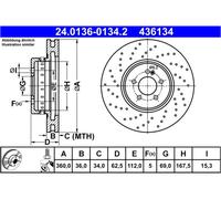 ATE Disco freno 24.0136-0134.2, anteriore ventilato altamente carbonizzato, 1 pezzo