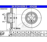 Disco freno ATE 24.0124-0250.2 posteriore, ventilato, altamente carbonizzato, 1 Pezzo