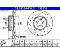 ATE Disco freno 24.0136-0134.2, anteriore ventilato altamente carbonizzato, 1 pezzo