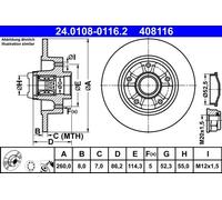 Disco freno ATE 24.0108-0116.2 posteriore, pieno, 1 Pezzo