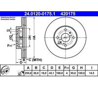 ATE disco freno 24.0120-0175.1 ventilato diametro 255 spessore 20 mm 4 fori