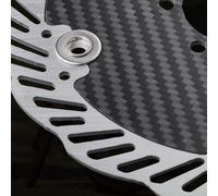 Disco in fibra di carbonio ultra leggero compatibile con bici da strada e MTB utilizzando l'interfaccia di blocco centrale a sei fori e distanza tra i fori diagonale di 44 mm (blocco centrale 140 mm)