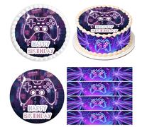 Disco in Ostia Commestibile,Cake Topper Motivo Giocatore,con Cake Topper di Gamer Ø 20CM,4 Nastro per Torte Commestibile,Decorazione Torta di Compleanno per Bambini,Anniversario