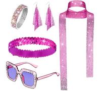 Disco Outfit Donna 5pcs, 80s Disco Outfit Paillette Sciarpa Orecchini, Occhiali da Sole Bracciale E Fascia Accessori Anni 80 70s 80s Disco Theme Party (Rosa Rossa)
