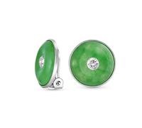 Disco Rotondo Con Accenti Di Cz In Giada Tinta Verde Orecchini A Clip Per Donne In Argento Sterling Non Perforati
