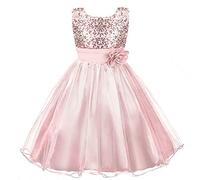 Discoball Abito da Principessa (Paillettes Tulle Fiore) in Pizzo senza Maniche per Matrimonio, Festa di Compleanno, Concorso, Damigella d'Onore per Bimba (6-7 Anni, Rosa)